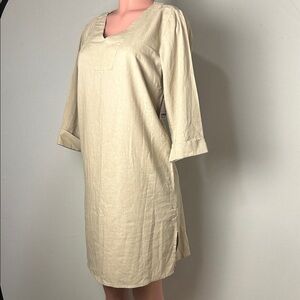 For Cynthia Womens Linen Shift Dress  3/4 Sleeve Beige Minimalist  Size  Medium